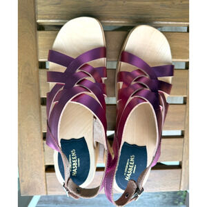 Swedish Hasbeens Sandals Metallic Pink 40 EU Wooden Heel Platform Leather light